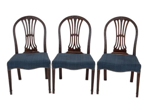 SET OF 6 MAHOGANY HEPPLEWHITE DINING CHAIRS C1870 GEORGIAN GEORGE III STYLE SIDE CHAIRS HORSEHAIR FABRIC UPHOLSTERY - ADDITIONAL PHOTO 2