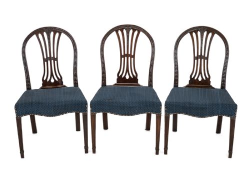 SET OF 6 MAHOGANY HEPPLEWHITE DINING CHAIRS C1870 GEORGIAN GEORGE III STYLE SIDE CHAIRS HORSEHAIR FABRIC UPHOLSTERY - ADDITIONAL PHOTO 3