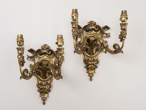 PAIR ENGLISH GOTHIC REVIVAL BRASS TWIN ARM WALL SCONCES WITH GROTESQUE MASKS C19201940 - ADDITIONAL PHOTO 1