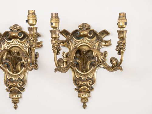 PAIR ENGLISH GOTHIC REVIVAL BRASS TWIN ARM WALL SCONCES WITH GROTESQUE MASKS C19201940 - ADDITIONAL PHOTO 2