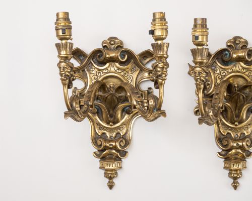 PAIR ENGLISH GOTHIC REVIVAL BRASS TWIN ARM WALL SCONCES WITH GROTESQUE MASKS C19201940 - ADDITIONAL PHOTO 3