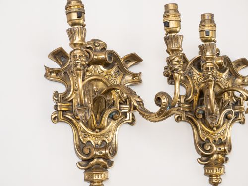 PAIR ENGLISH GOTHIC REVIVAL BRASS TWIN ARM WALL SCONCES WITH GROTESQUE MASKS C19201940 - ADDITIONAL PHOTO 4