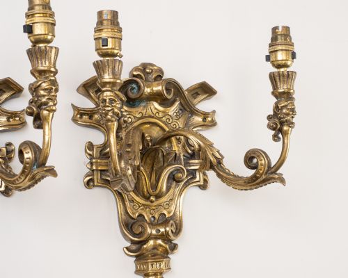 PAIR ENGLISH GOTHIC REVIVAL BRASS TWIN ARM WALL SCONCES WITH GROTESQUE MASKS C19201940 - ADDITIONAL PHOTO 5