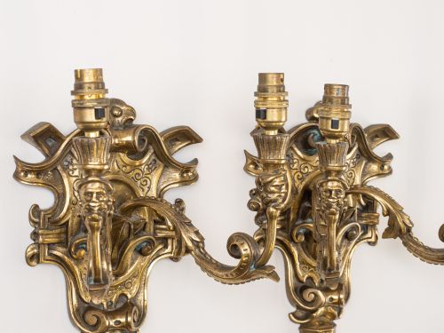 PAIR ENGLISH GOTHIC REVIVAL BRASS TWIN ARM WALL SCONCES WITH GROTESQUE MASKS C19201940 - ADDITIONAL PHOTO 6