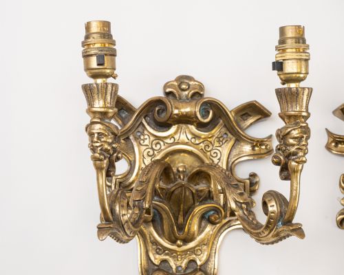 PAIR ENGLISH GOTHIC REVIVAL BRASS TWIN ARM WALL SCONCES WITH GROTESQUE MASKS C19201940 - ADDITIONAL PHOTO 7