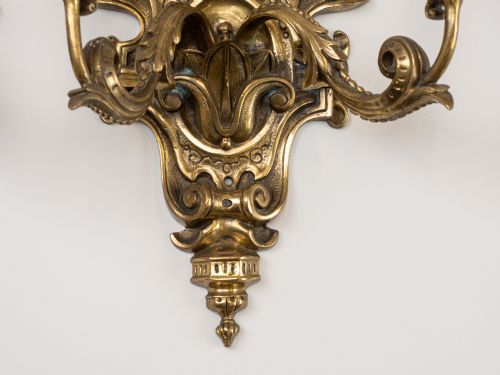 PAIR ENGLISH GOTHIC REVIVAL BRASS TWIN ARM WALL SCONCES WITH GROTESQUE MASKS C19201940 - ADDITIONAL PHOTO 8
