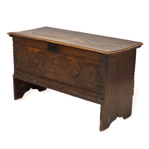18th century elm and pine six plank coffer with 19th century folk art decoration - CATEGORY: ANTIQUE FURNITURE - DATED 18TH CENTURY