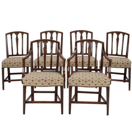 SET OF SIX GEORGIAN MAHOGANY DINING CHAIRS SHERATON STYLE INCLUDING A PAIR OF OPEN ARMCHAIRS C1800
