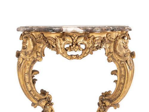 FINE ENGLISH MID 19TH CENTURY ROCOCO REVIVAL GILTWOOD CONSOLE TABLE WITH BRECCIA MARBLE TOP C18401860 - ADDITIONAL PHOTO 1