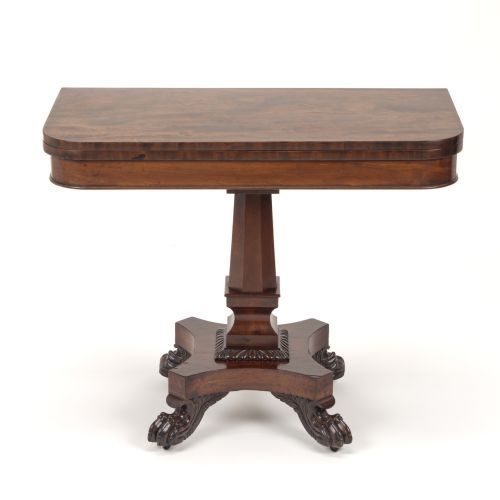 LATE REGENCY MAHOGANY FOLDOVER TEA SIDE TABLE WITH CARVED PAW FEET C18251835