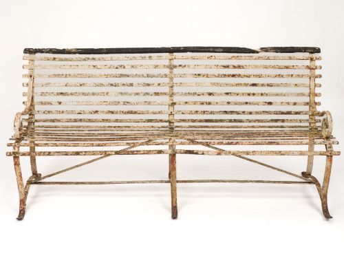 ORIGINAL EARLY 19TH CENTURY REGENCY WROUGHT IRON STRAPWORK GARDEN BENCH - ADDITIONAL PHOTO 1