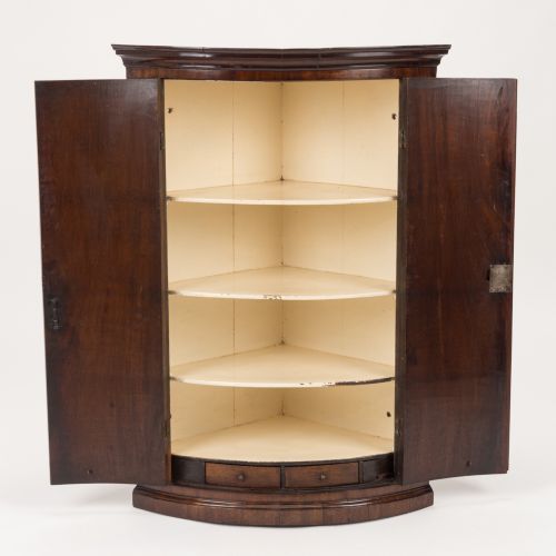 GEORGE III MAHOGANY BOWFRONT HANGING CORNER CUPBOARD WITH SPICE DRAWERS C17601780 - ADDITIONAL PHOTO 1