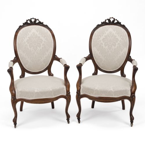 Pair of Mid-19th Century English Rosewood Rococo Revival Open Armchairs, Circa 1850–1865