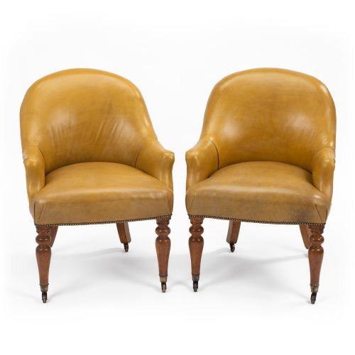 Pair of Regency Maple Leather Library Armchairs, Circa 1820