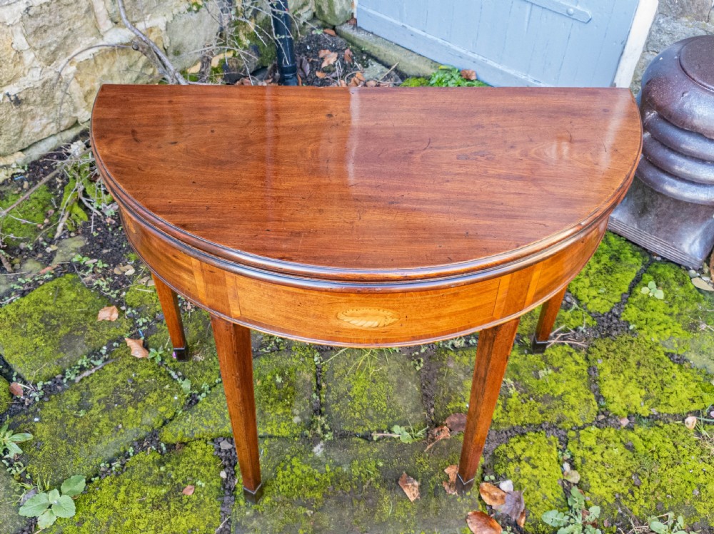 Georgian Demi-Lune Marquetry Inlaid Mahogany Console / Foldover Tea Table C1790 View V