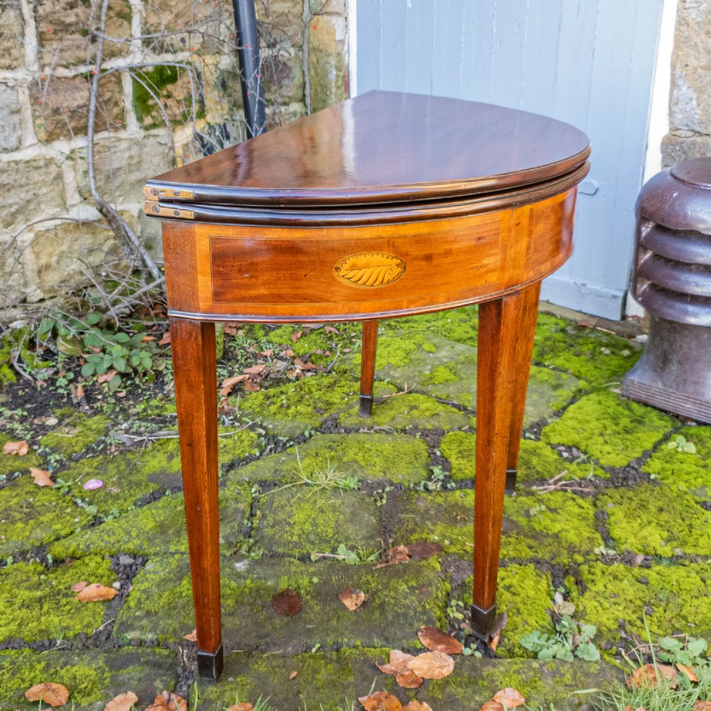 Georgian Demi-Lune Marquetry Inlaid Mahogany Console / Foldover Tea Table C1790 View XII