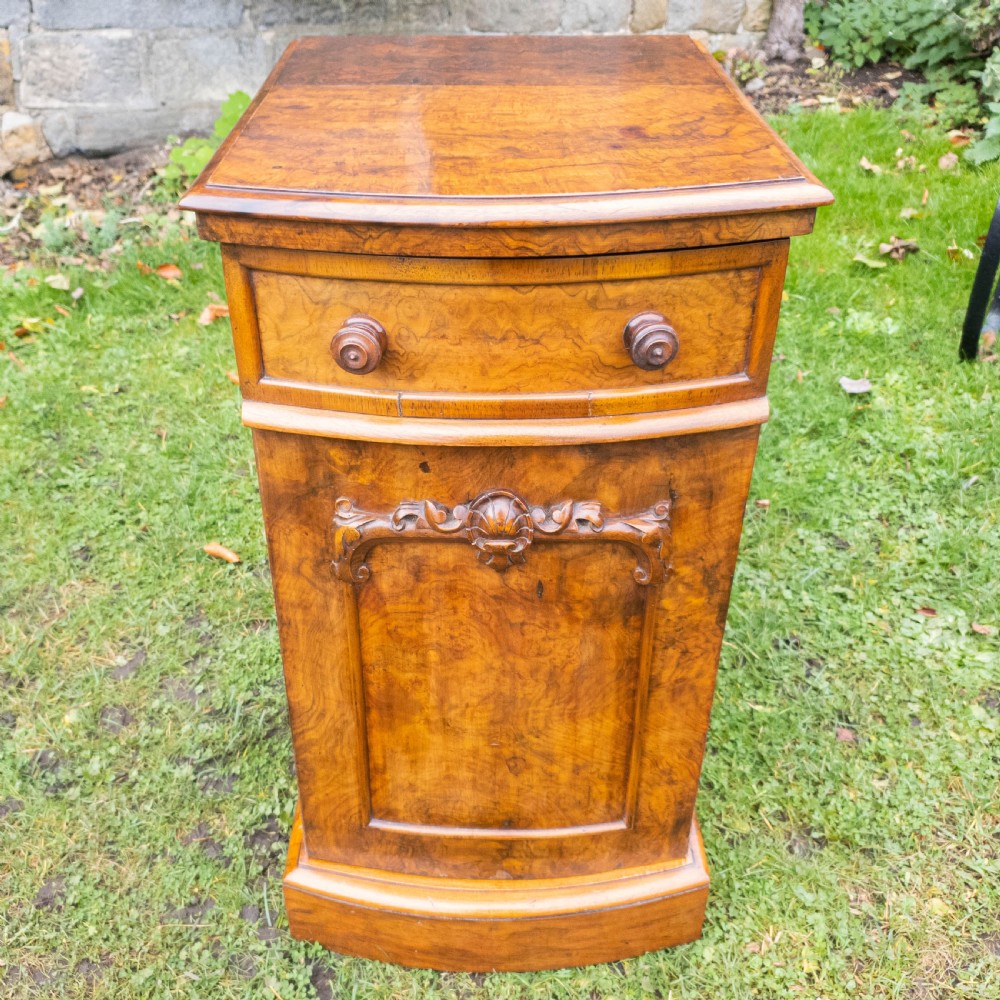 Victorian Burr Walnut Carved Pedestal Bedside Cabinet C1870 (Table) View V