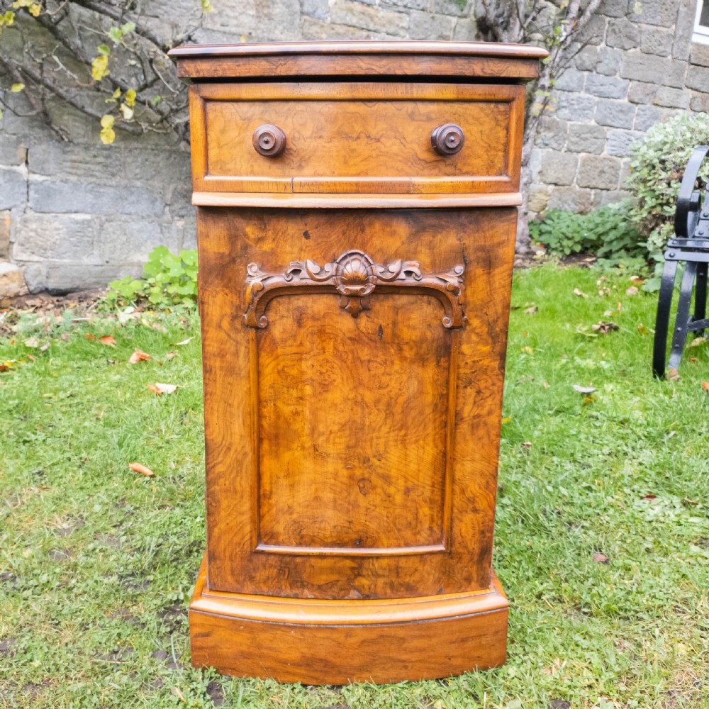 Victorian Burr Walnut Carved Pedestal Bedside Cabinet C1870 (Table) View VI