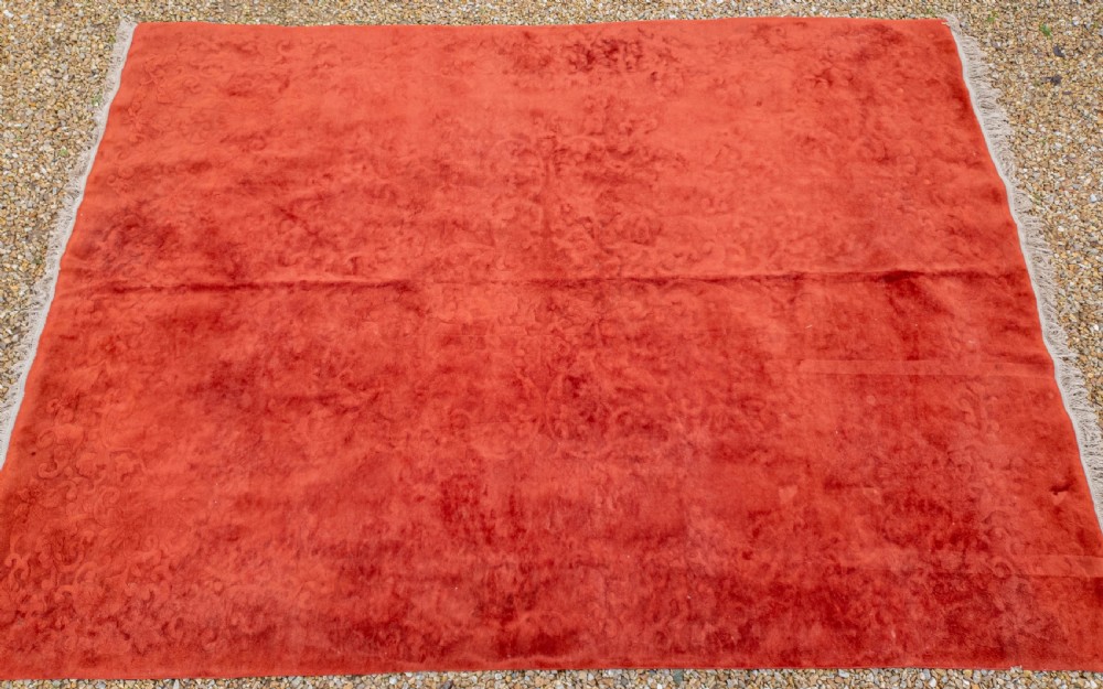 Art Deco Chinese Monochrome Red Sculpted Carpet 12'4