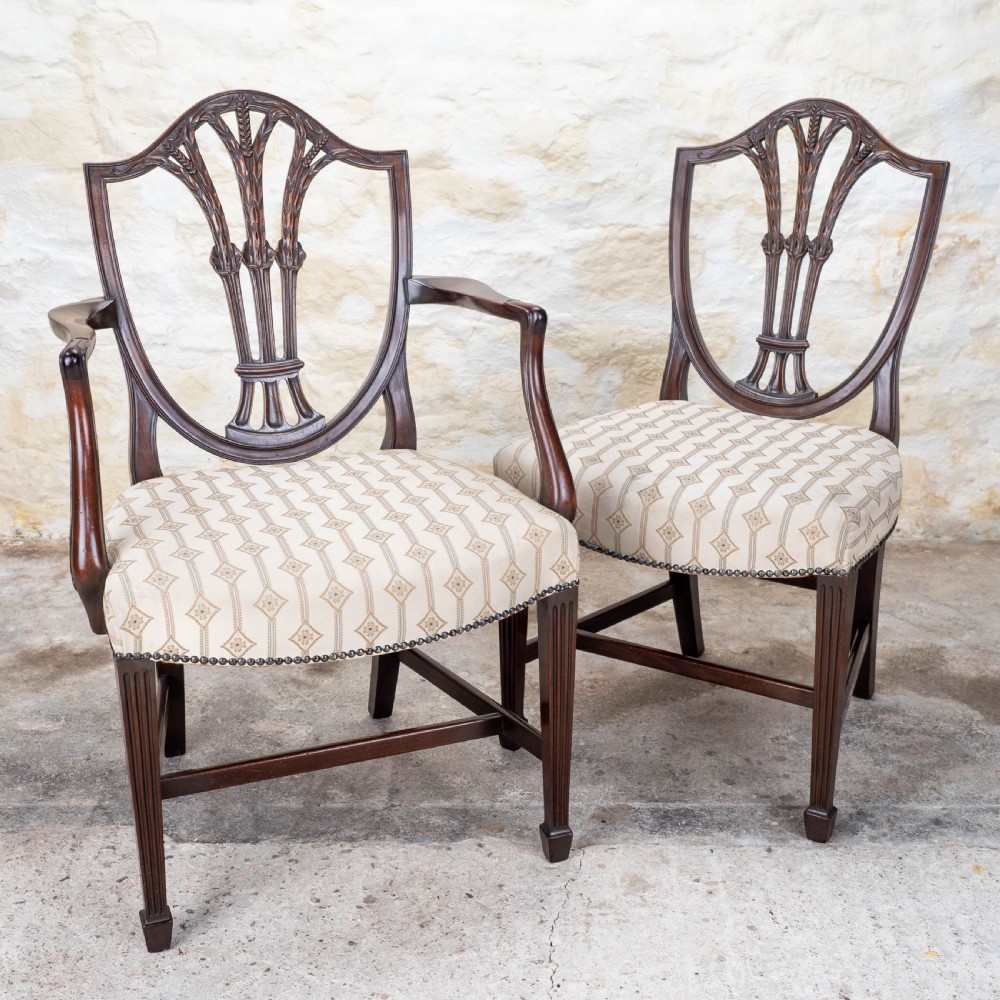 Set of 8 Georgian Hepplewhite Mahogany Dining Chairs & Carvers C19th View II