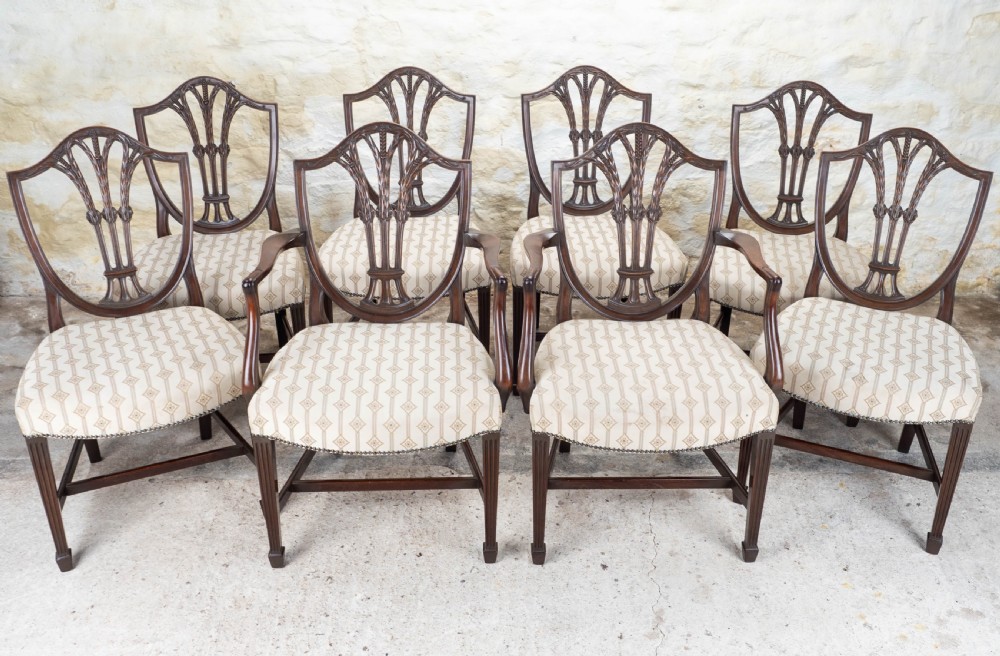 Set of 8 Georgian Hepplewhite Mahogany Dining Chairs & Carvers C19th View III