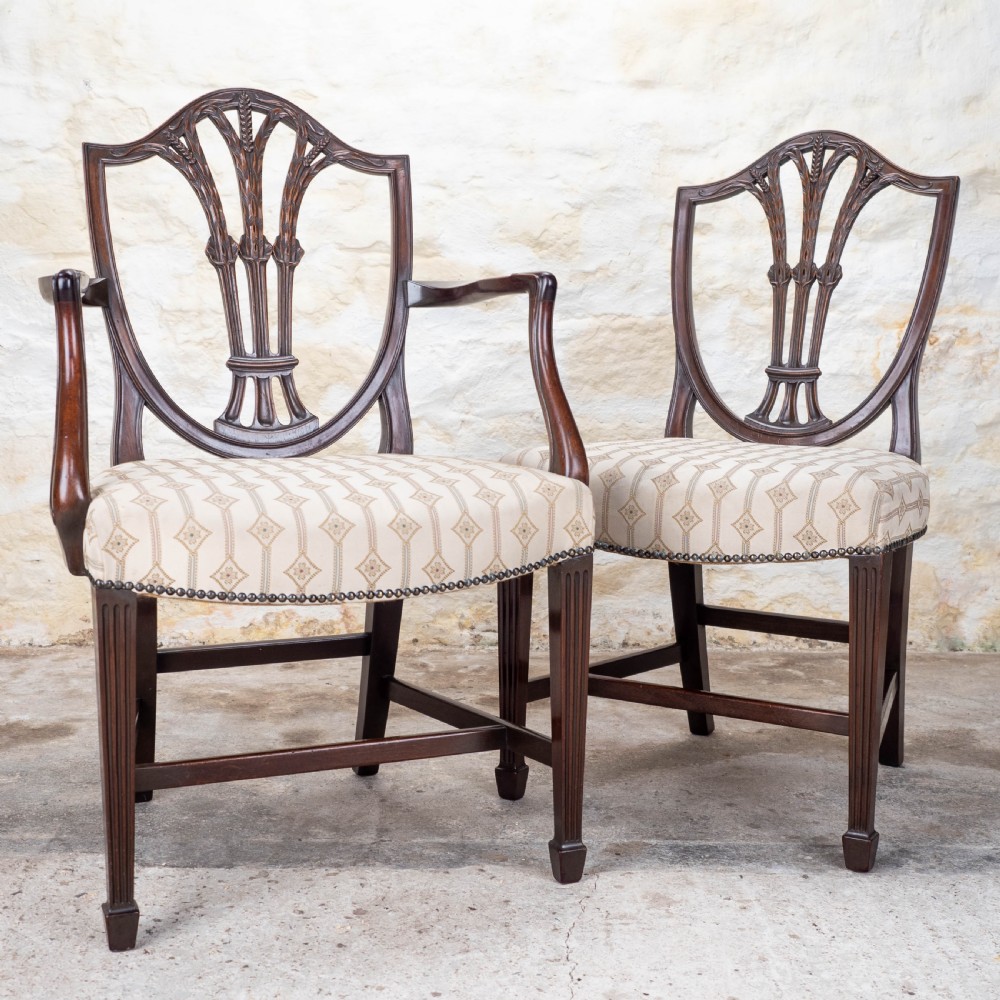 Set of 8 Georgian Hepplewhite Mahogany Dining Chairs & Carvers C19th View VII