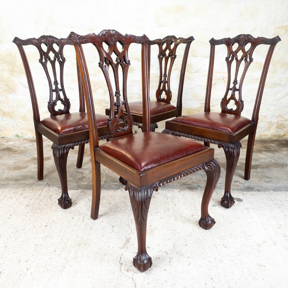 Set of 4 Chippendale Revival Mahogany & Leather Upholstered Dining Chairs