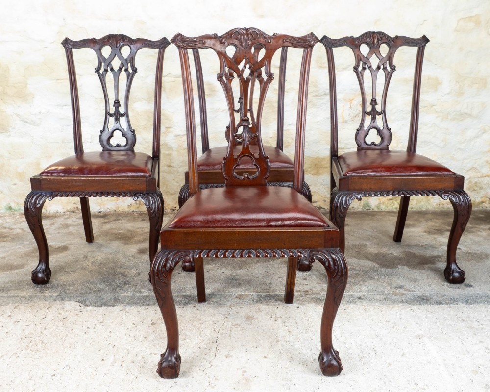 Set of 4 Chippendale Revival Mahogany & Leather Upholstered Dining Chairs View II