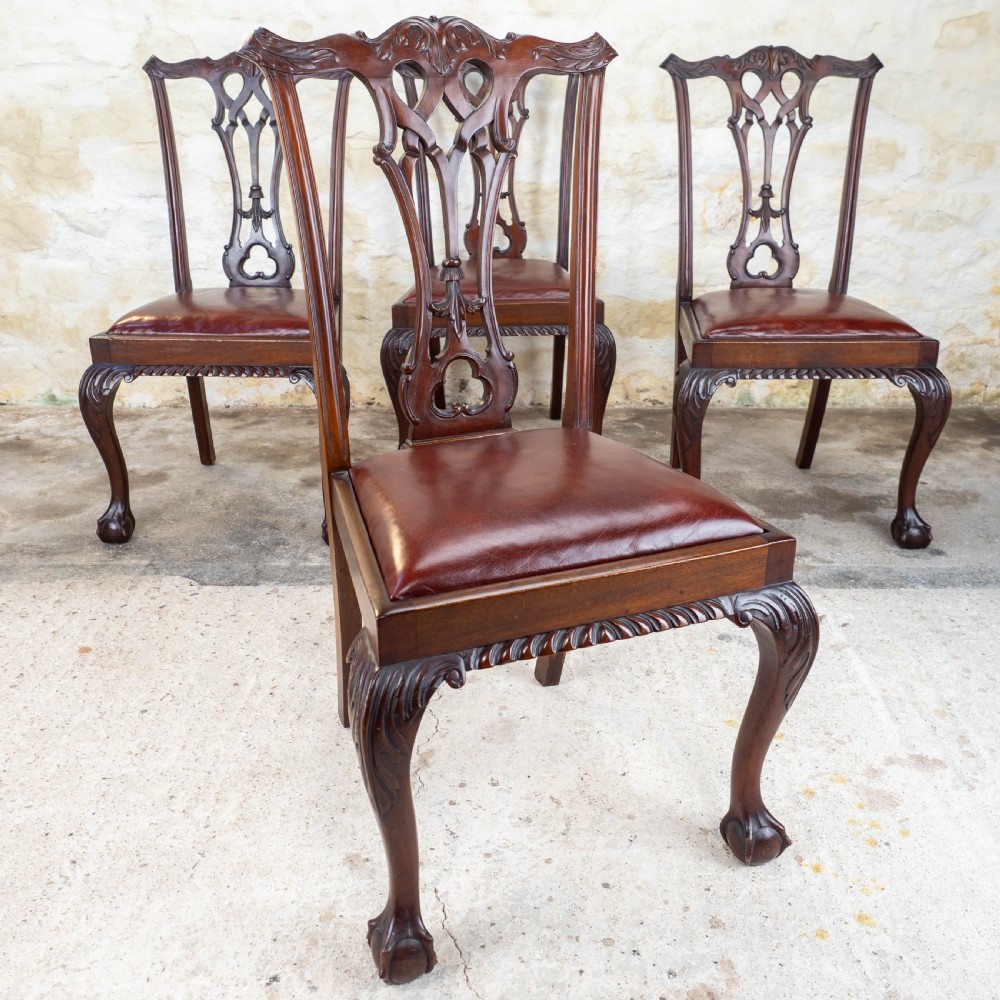Set of 4 Chippendale Revival Mahogany & Leather Upholstered Dining Chairs View III