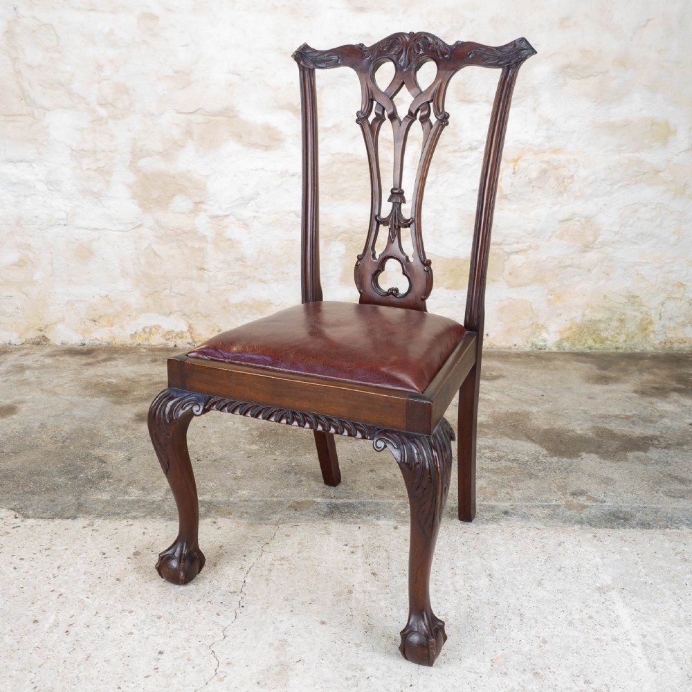 Set of 4 Chippendale Revival Mahogany & Leather Upholstered Dining Chairs View IV