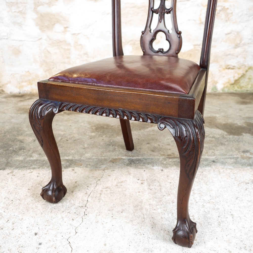 Set of 4 Chippendale Revival Mahogany & Leather Upholstered Dining Chairs View V