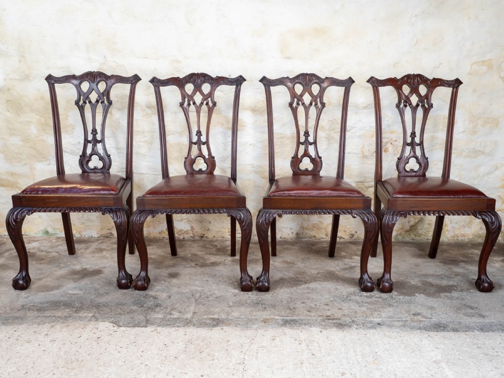 Set of 4 Chippendale Revival Mahogany & Leather Upholstered Dining Chairs View VI