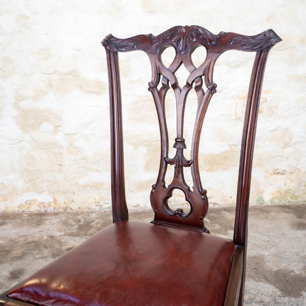Set of 4 Chippendale Revival Mahogany & Leather Upholstered Dining Chairs View VII