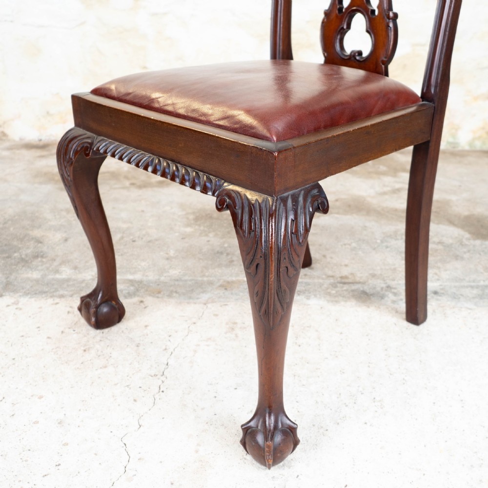 Set of 4 Chippendale Revival Mahogany & Leather Upholstered Dining Chairs View VIII