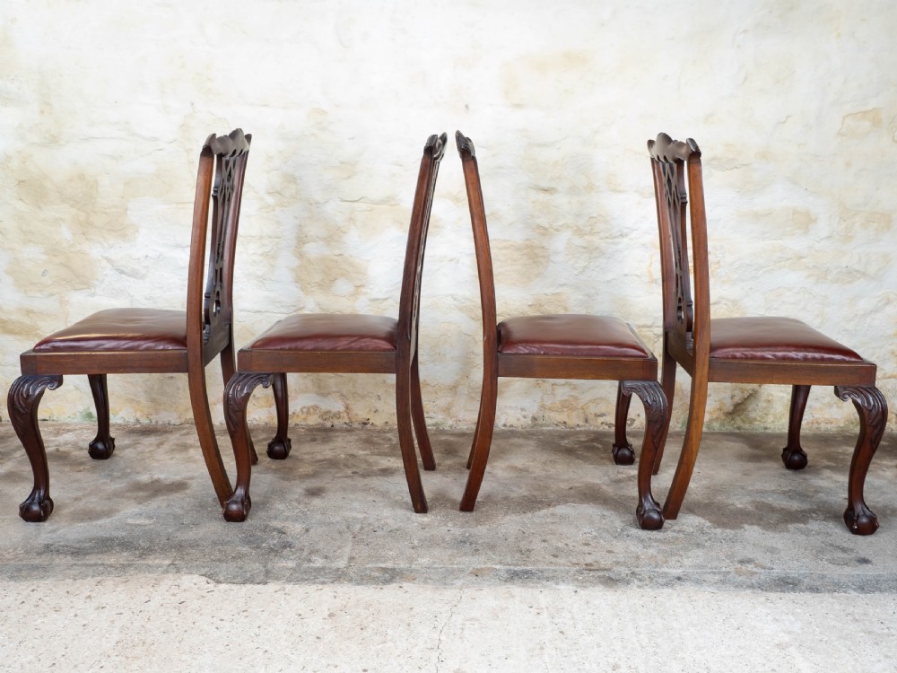 Set of 4 Chippendale Revival Mahogany & Leather Upholstered Dining Chairs View IX