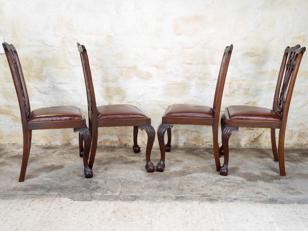 Set of 4 Chippendale Revival Mahogany & Leather Upholstered Dining Chairs View X
