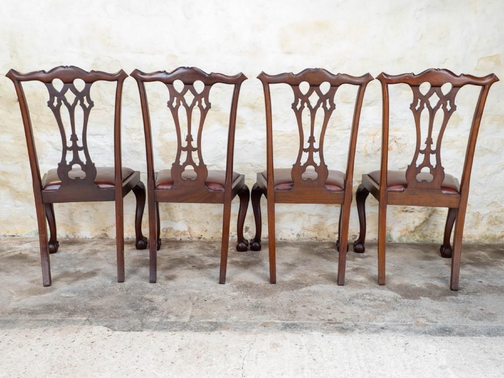 Set of 4 Chippendale Revival Mahogany & Leather Upholstered Dining Chairs View XI