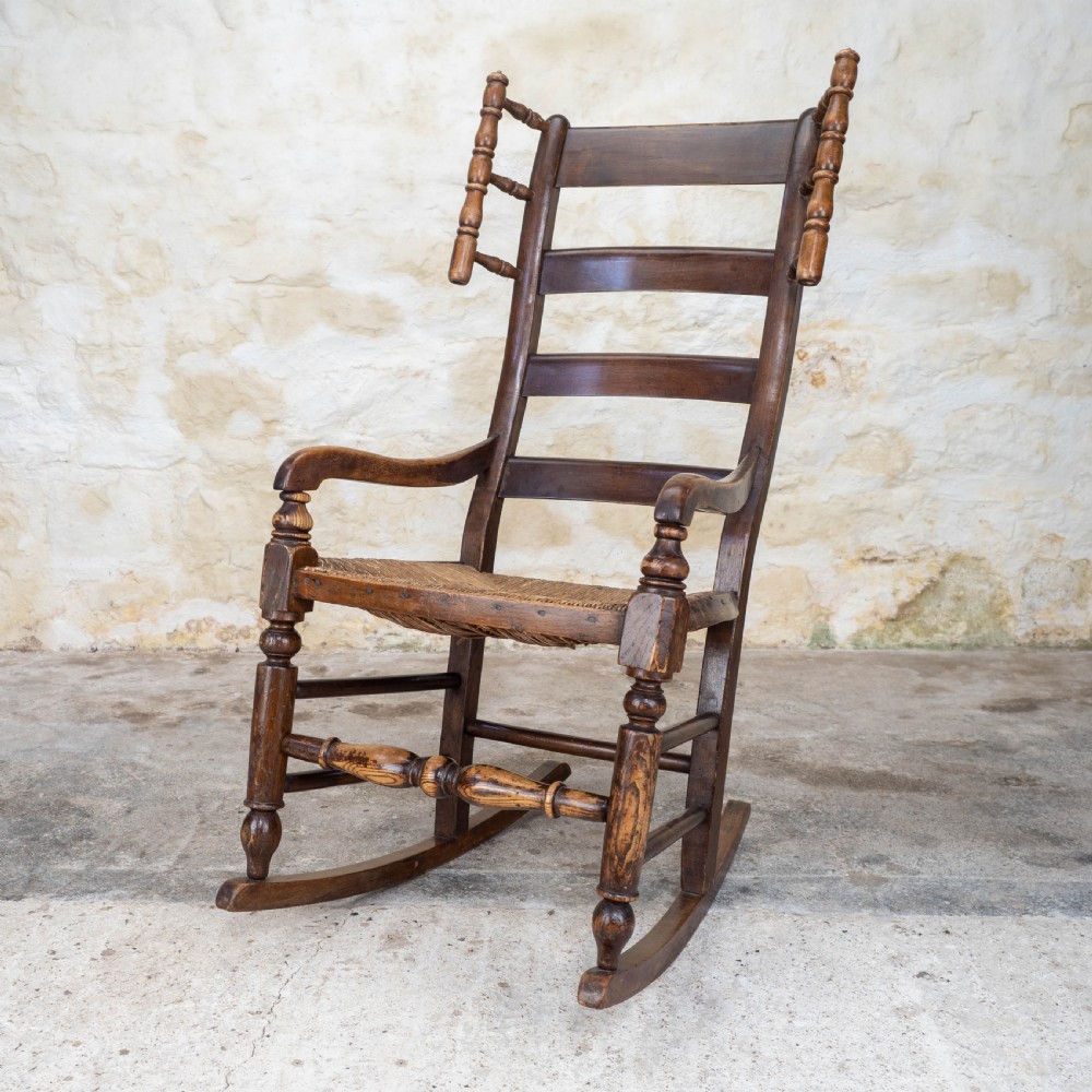 C19th Elm & Ash Country Ladderback Rocking Armchair