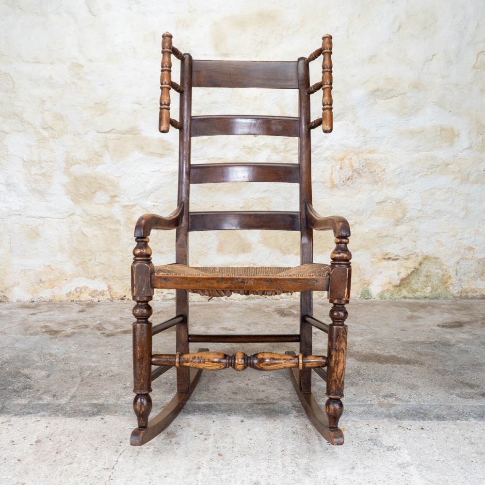 C19th Elm & Ash Country Ladderback Rocking Armchair View II