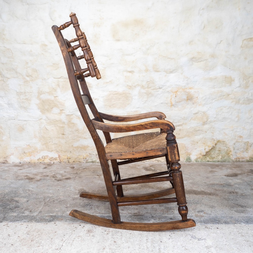 C19th Elm & Ash Country Ladderback Rocking Armchair View III