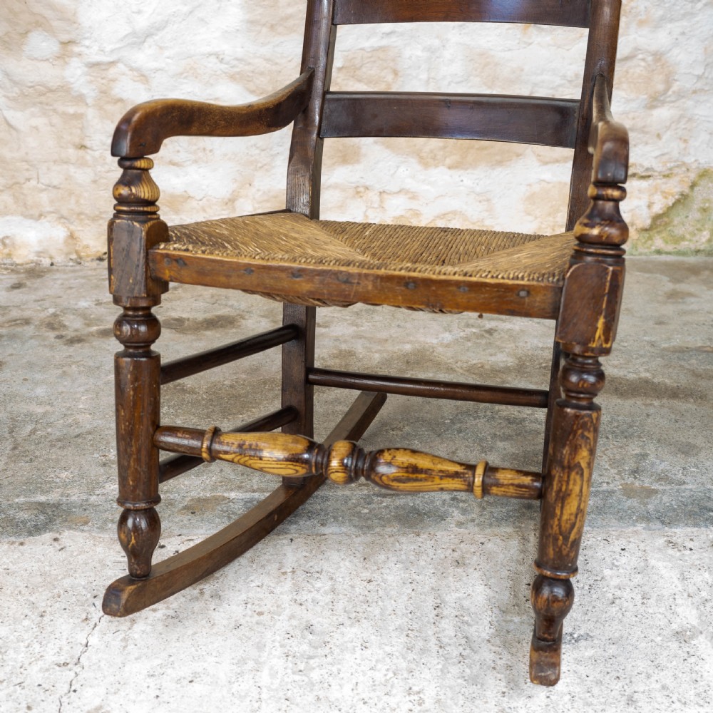 C19th Elm & Ash Country Ladderback Rocking Armchair View V