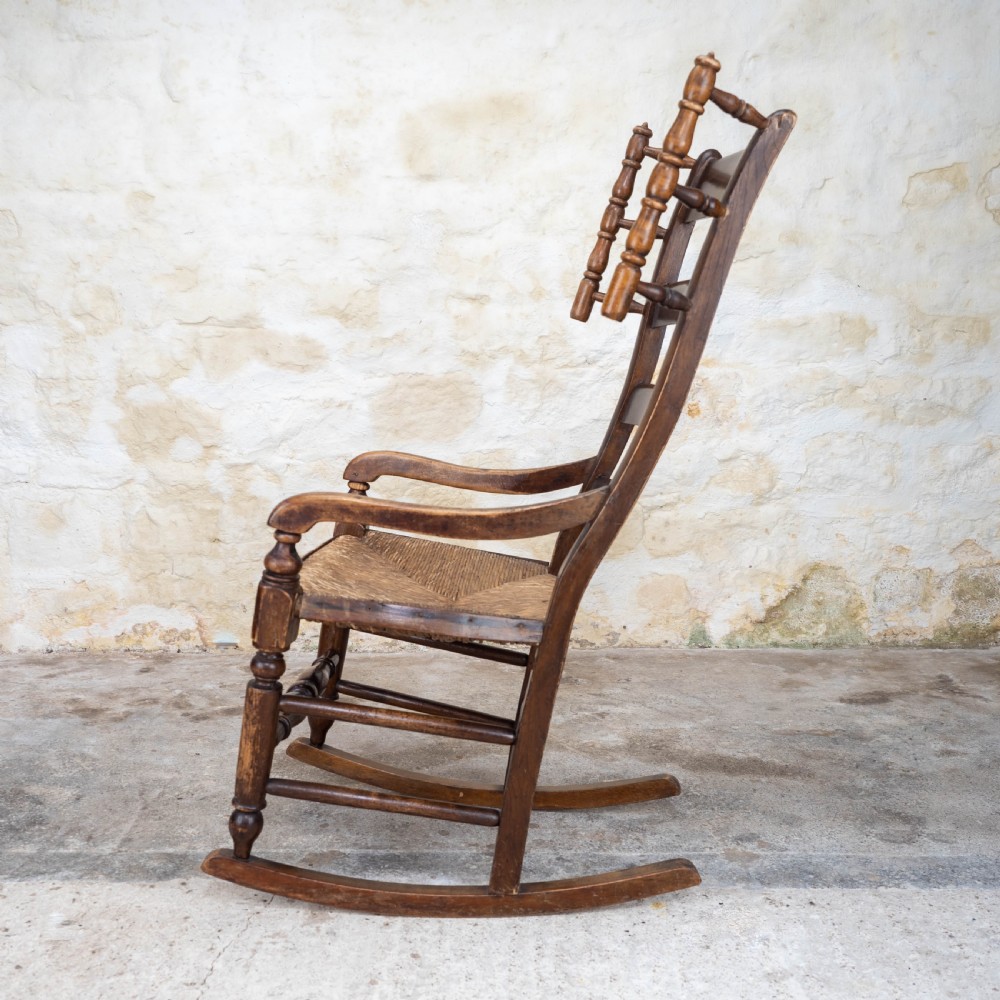 C19th Elm & Ash Country Ladderback Rocking Armchair View VI