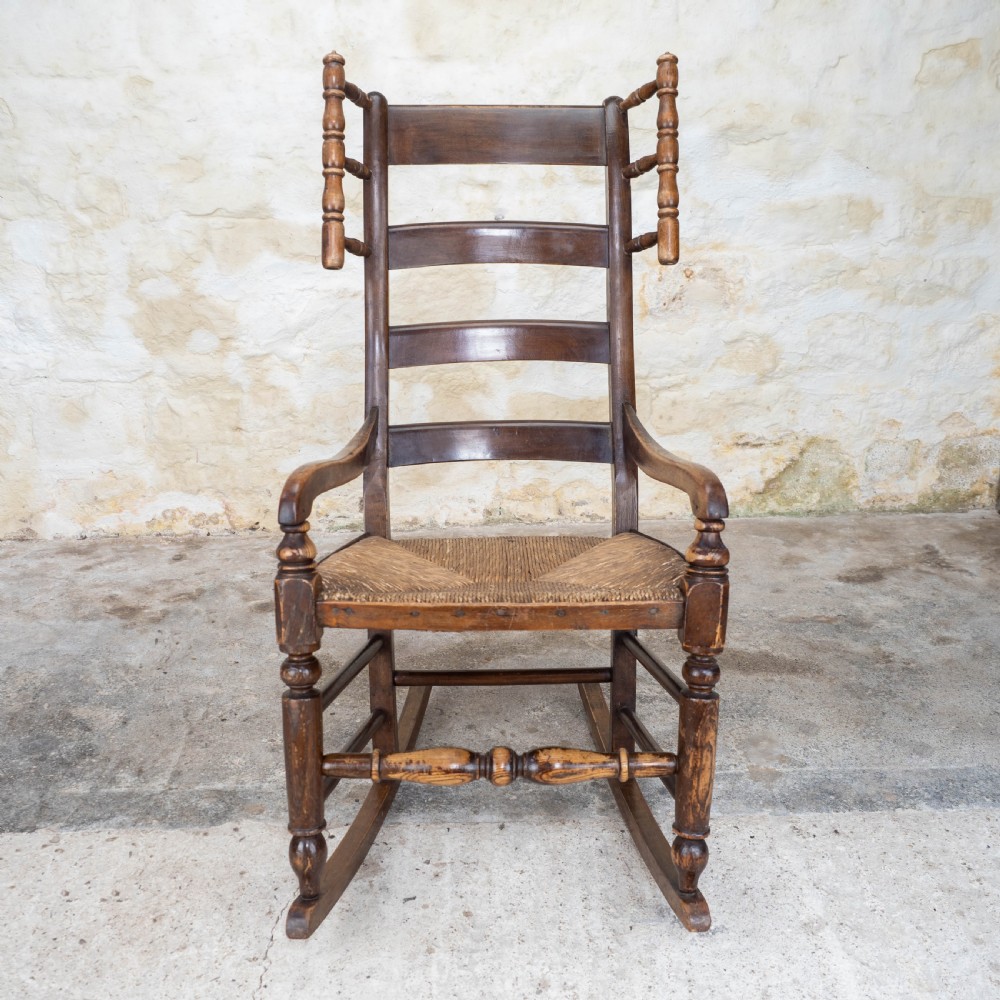 C19th Elm & Ash Country Ladderback Rocking Armchair View VII
