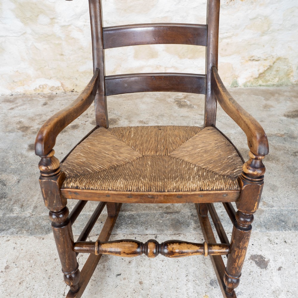 C19th Elm & Ash Country Ladderback Rocking Armchair View VIII