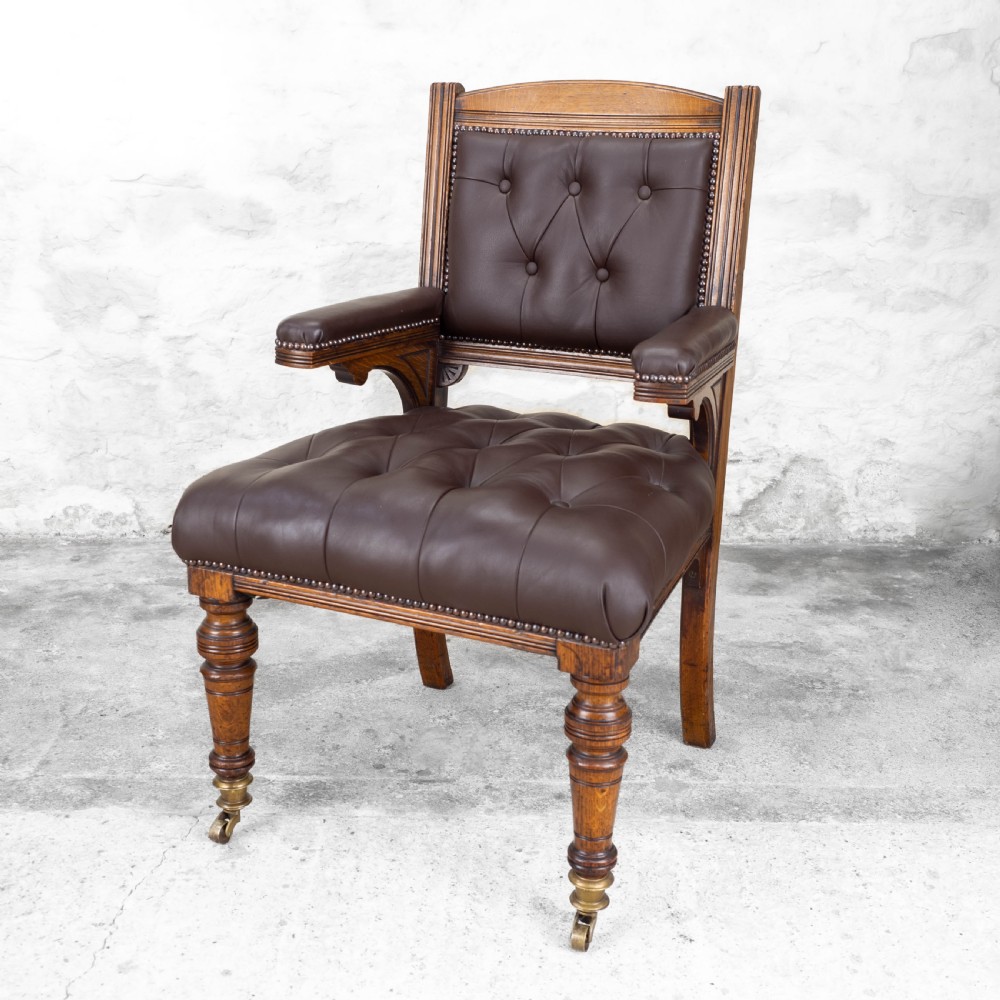 C19th Oak & Leather Upholstered Desk / Library Armchair (Victorian)