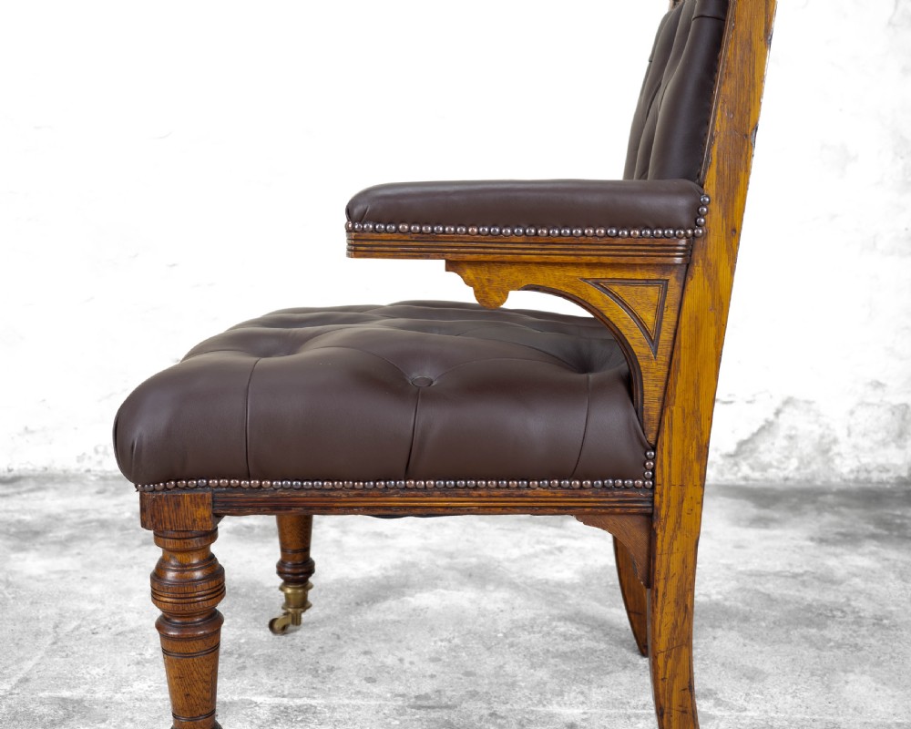 C19th Oak & Leather Upholstered Desk / Library Armchair (Victorian) View V