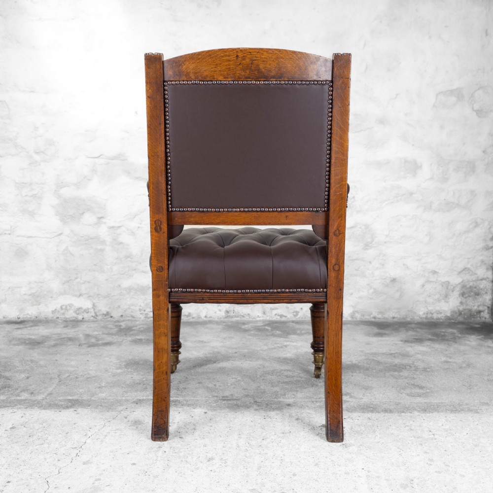 C19th Oak & Leather Upholstered Desk / Library Armchair (Victorian) View VII