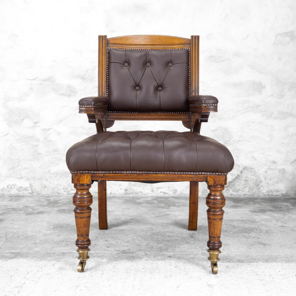 C19th Oak & Leather Upholstered Desk / Library Armchair (Victorian) View VIII