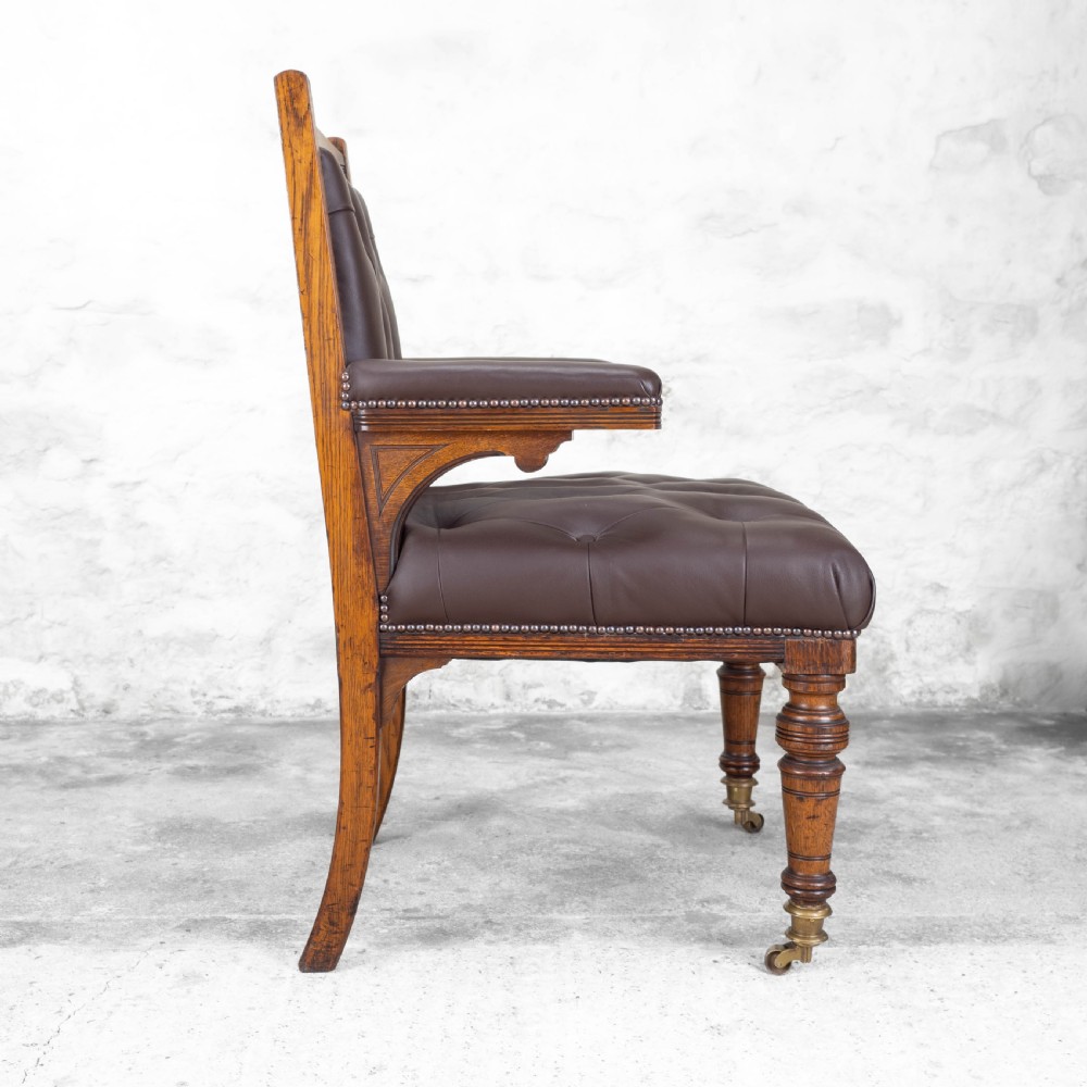 C19th Oak & Leather Upholstered Desk / Library Armchair (Victorian) View IX