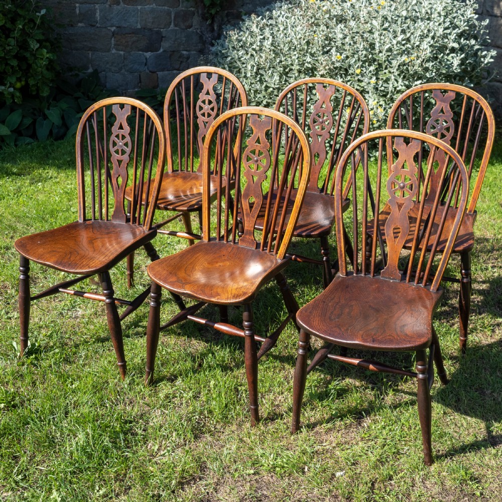 Early C19th Set of 6 Windsor Wheelback Elm & Ash Country Dining Chairs